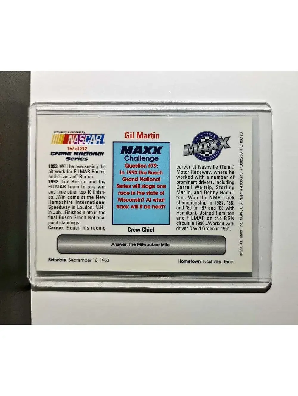 Gil Martin 1993 Maxx Premier Plus Racing #157 NASCAR Card FILMAR Racing